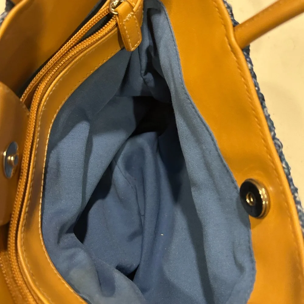 Blue Woven Straw Tote Floral Embroidered‎ Shoulder Bag Boho Cottagecore